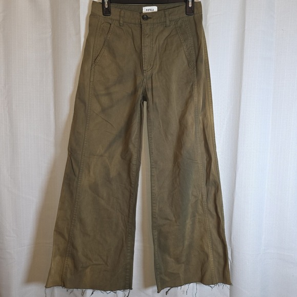 Pistola Denim Pants - Pistola Army Green Highwaisted Wide Leg Cropped Pants 24 Raw Hem Faded